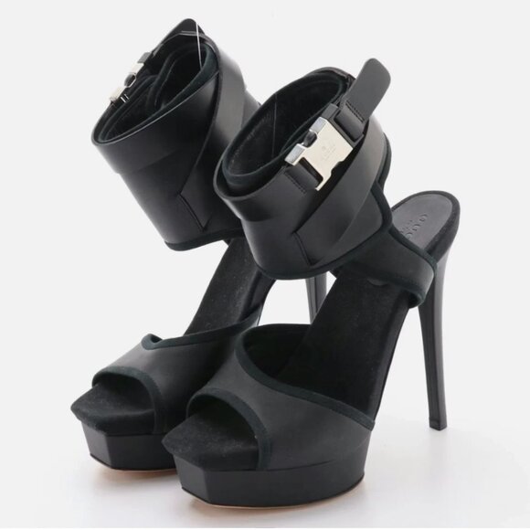 AUTH GUCCI Babylon Open-Toe Platform Pumps w/Buckle Ankle Wrap in Black Leather - Picture 2 of 6